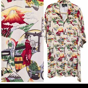 Vintage Guess Mens Sz M Allover Asian Geisha Print Button Short Sleeve Top Flaw